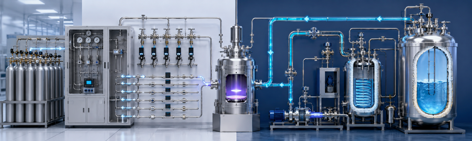 A specialized industrial distribution schematic showing automated gas manifold delivery systems for electronic-grade Boron Trifluoride versus chilled liquid dosing loops required for volatile Boron Tribromide.
