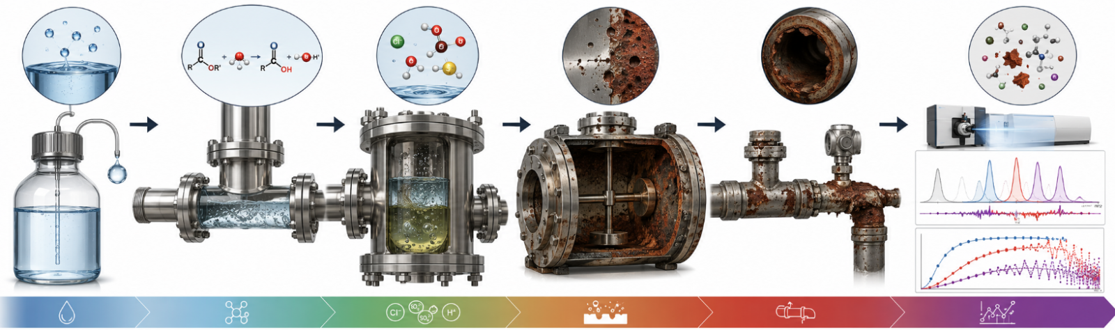 An engineering failure-mode flow diagram demonstrating how trace moisture contamination causes early reagent hydrolysis, leading to severe reactor corrosion and distorted kinetic mass spectrometry profiles.