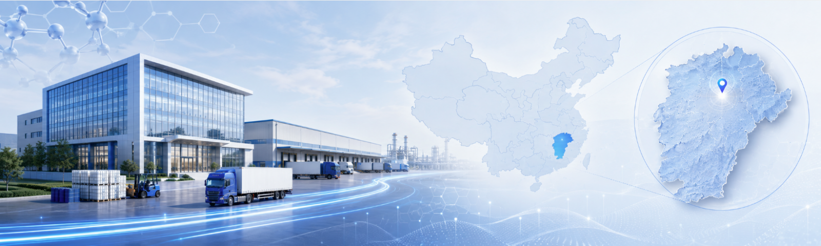 A professional technical facility visualization representing Jiangxi Biochem's integrated operational logistics and distribution headquarters at 1-6F, No.118 Xinzhou Road, Xihu District, Nanchang, Jiangxi, China.
